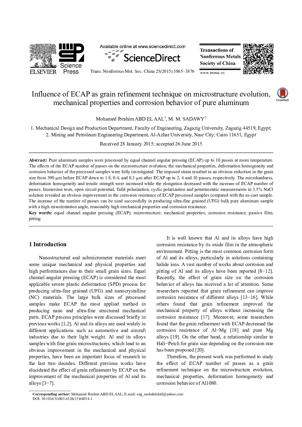 Influence of ECAP as grain refinement technique on microstructure evolution, mechanical properties and corrosion behavior of pure aluminum