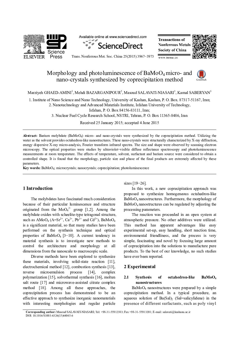 Morphology and photoluminescence of BaMoO4 micro- and nano-crystals synthesized by coprecipitation method