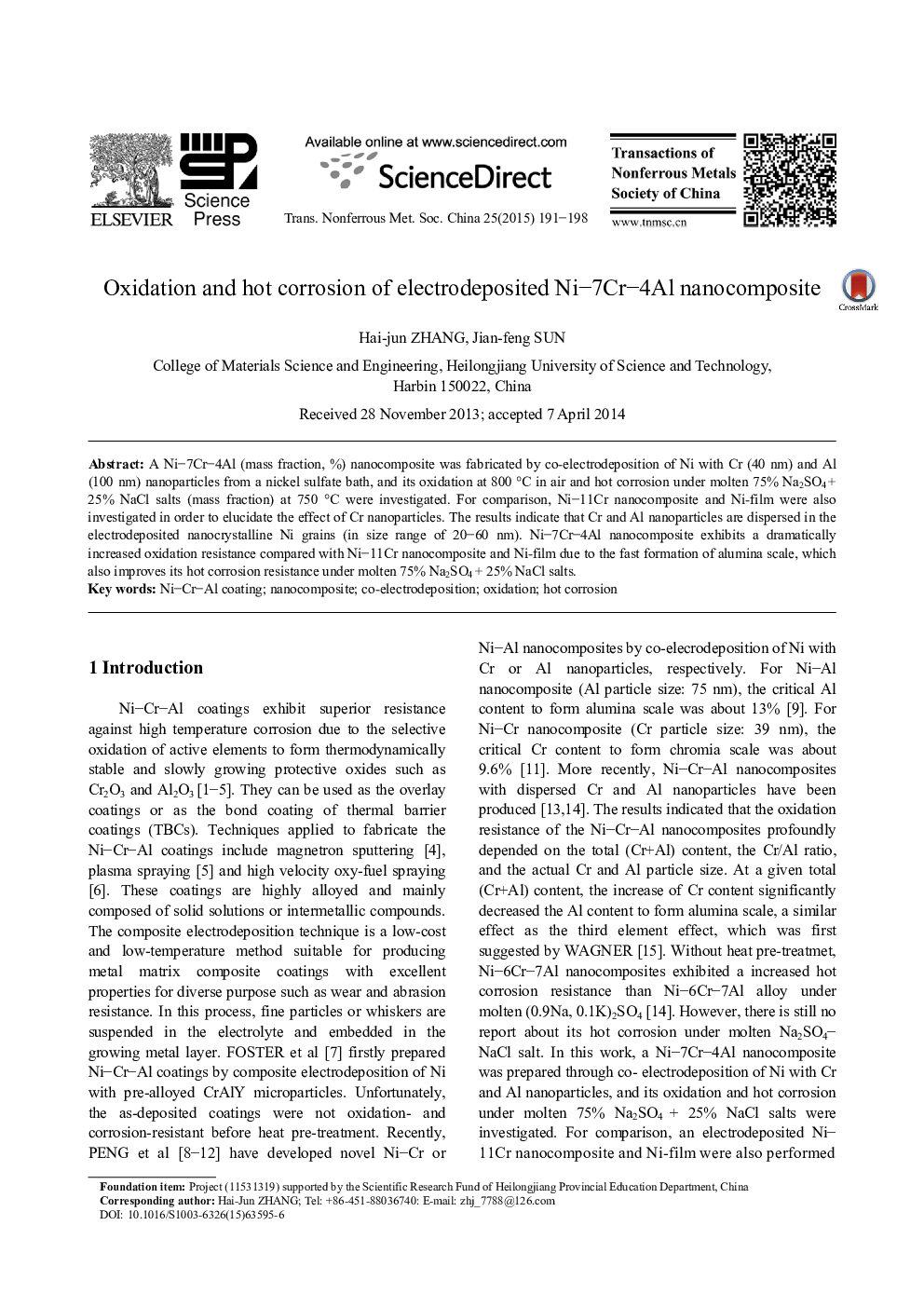 Oxidation and hot corrosion of electrodeposited Ni-7Cr-4Al nanocomposite