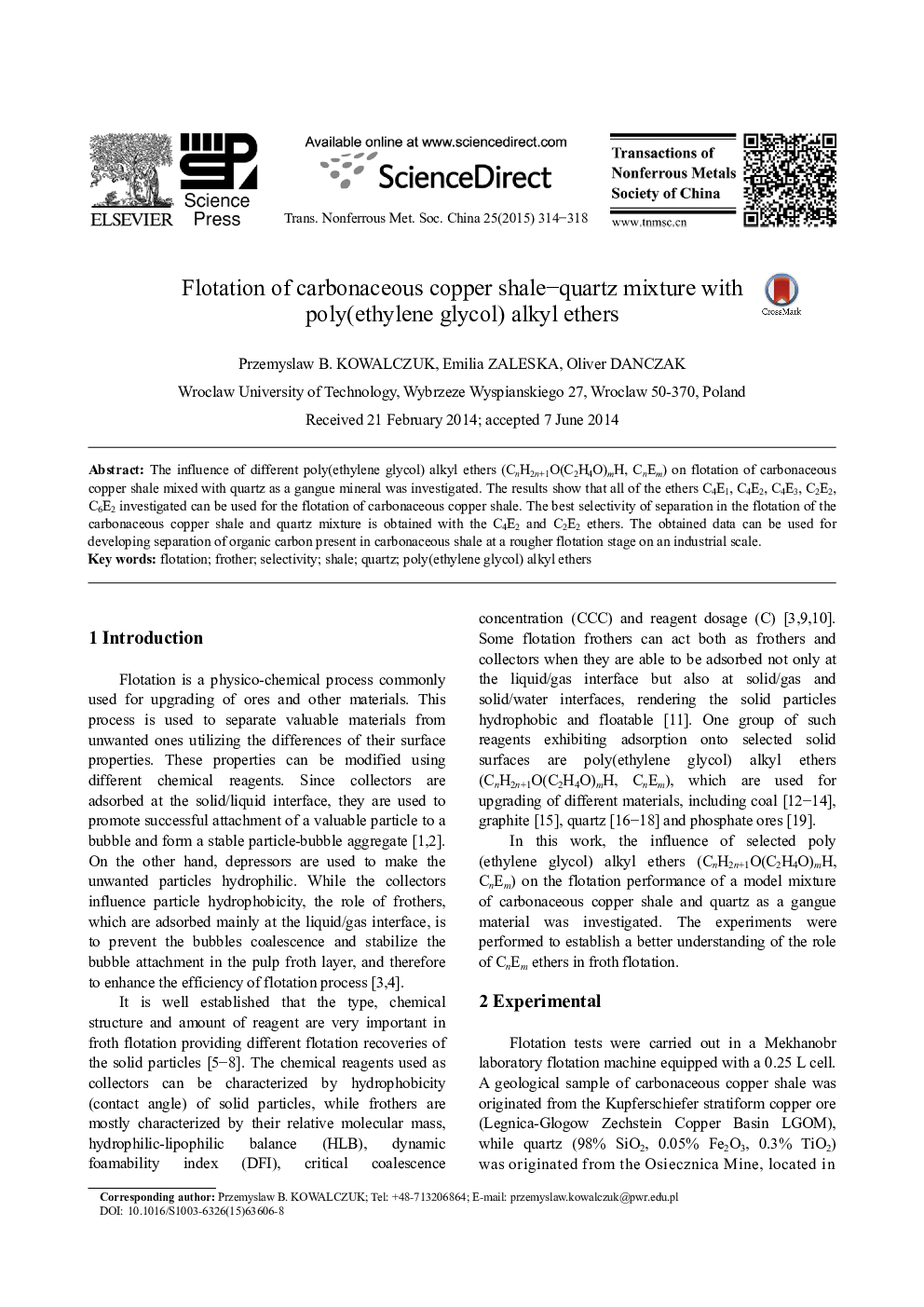 Flotation of carbonaceous copper shale–quartz mixture with poly(ethylene glycol) alkyl ethers