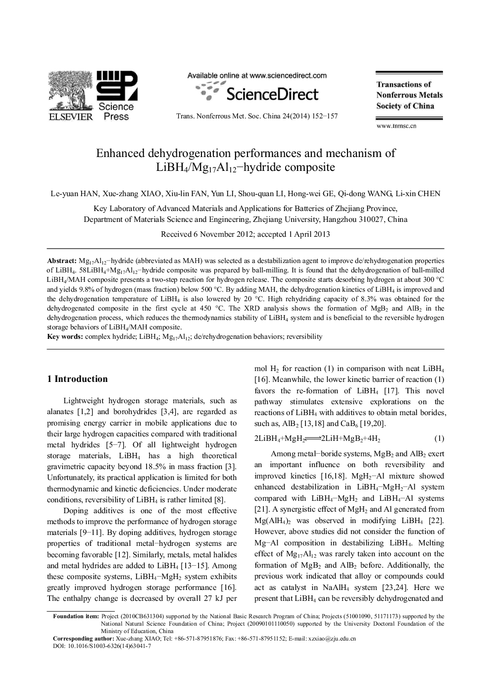 Enhanced dehydrogenation performances and mechanism of LiBH4/Mg17Al12-hydride composite 
