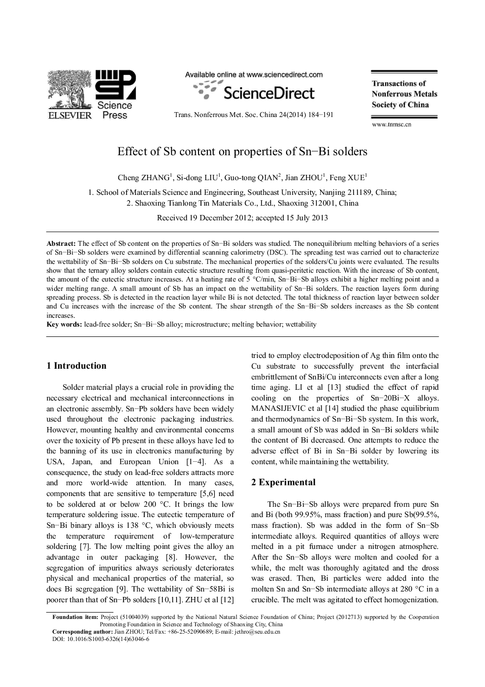 Effect of Sb content on properties of Sn—Bi solders 