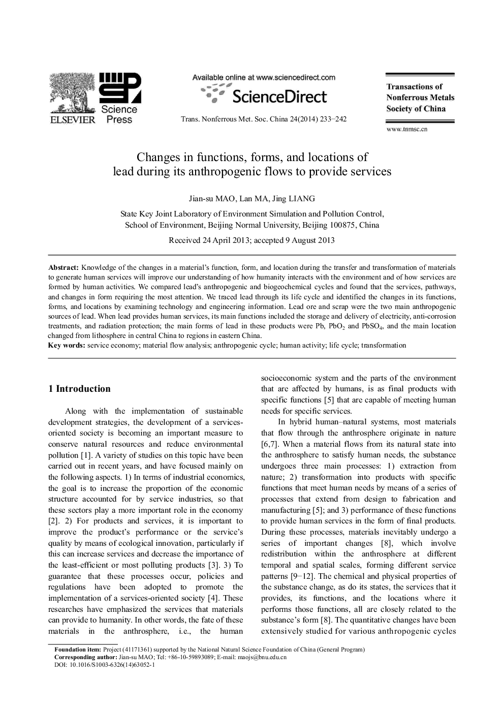 Changes in functions, forms, and locations of lead during its anthropogenic flows to provide services 