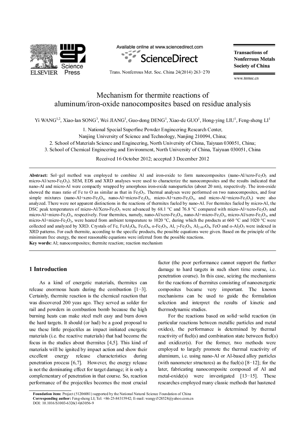 Mechanism for thermite reactions of aluminum/iron-oxide nanocomposites based on residue analysis 