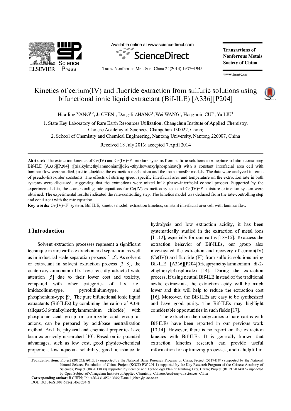 Kinetics of cerium(IV) and fluoride extraction from sulfuric solutions using bifunctional ionic liquid extractant (Bif-ILE) [A336][P204]