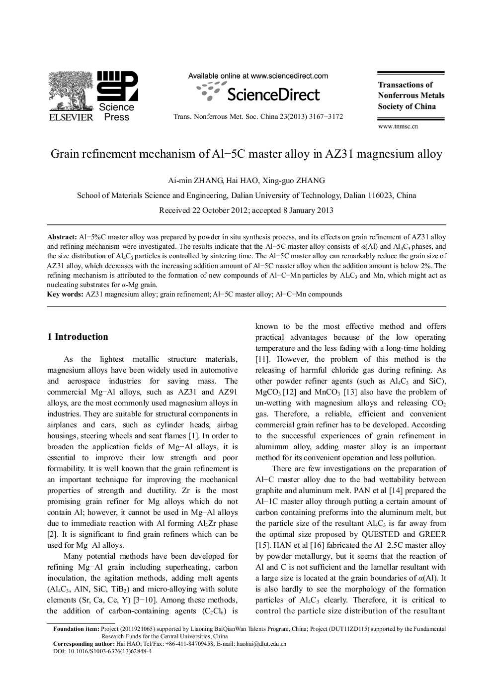 عکس صفحه اول مقاله: Grain refinement mechanism of Al-5C master alloy in AZ31 magnesium alloy Grain refinement mechanism of Al-5C master alloy in AZ31 magnesium alloy