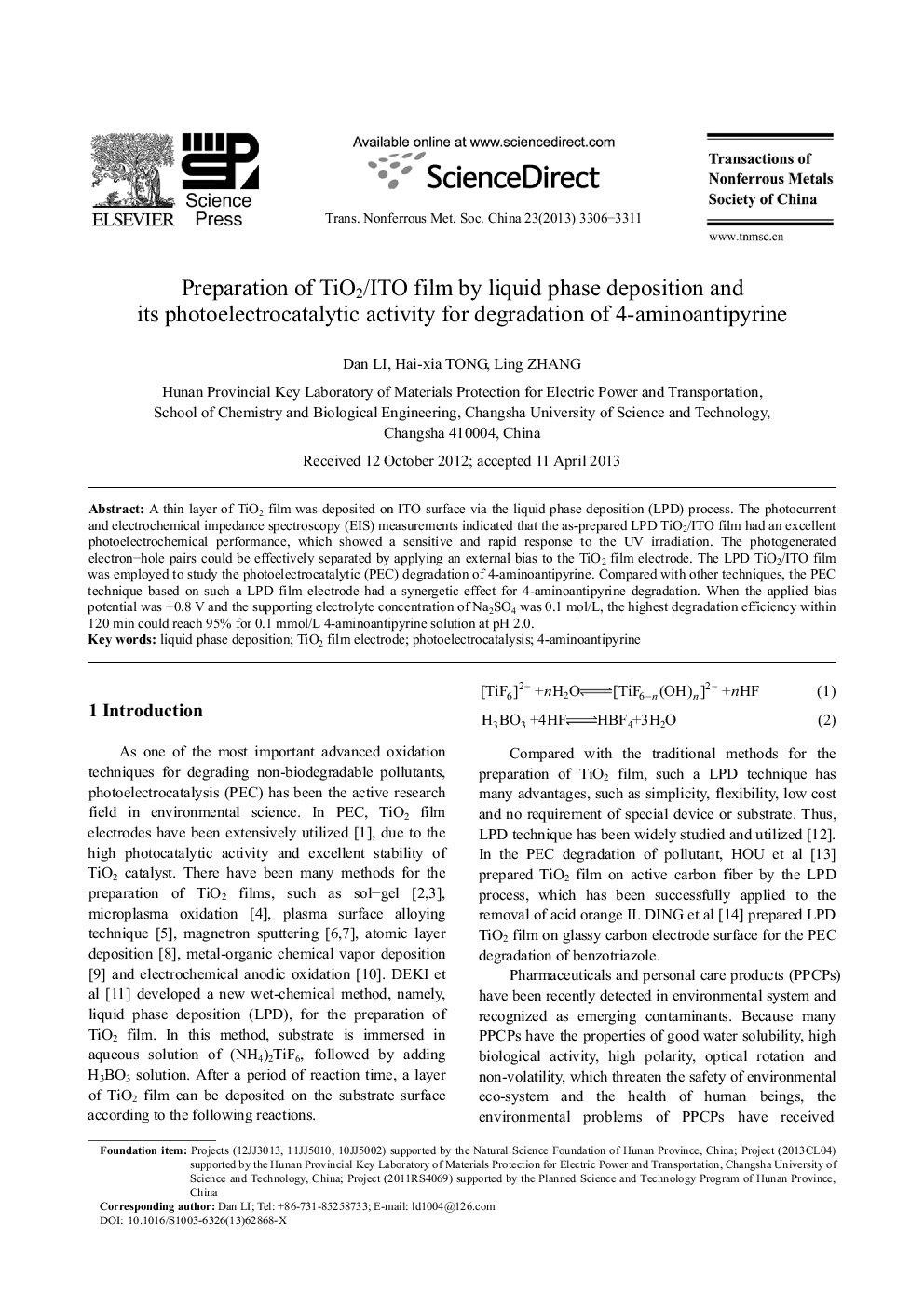 Preparation of TiO2/ITO film by liquid phase deposition and its photoelectrocatalytic activity for degradation of 4-aminoantipyrine 
