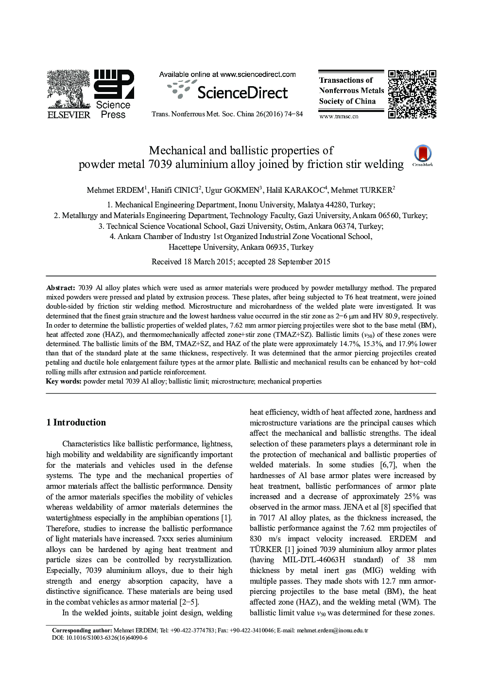 Mechanical and ballistic properties of powder metal 7039 aluminium alloy joined by friction stir welding