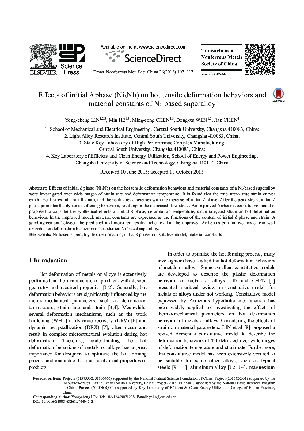 Effects of initial Î´ phase (Ni3Nb) on hot tensile deformation behaviors and material constants of Ni-based superalloy