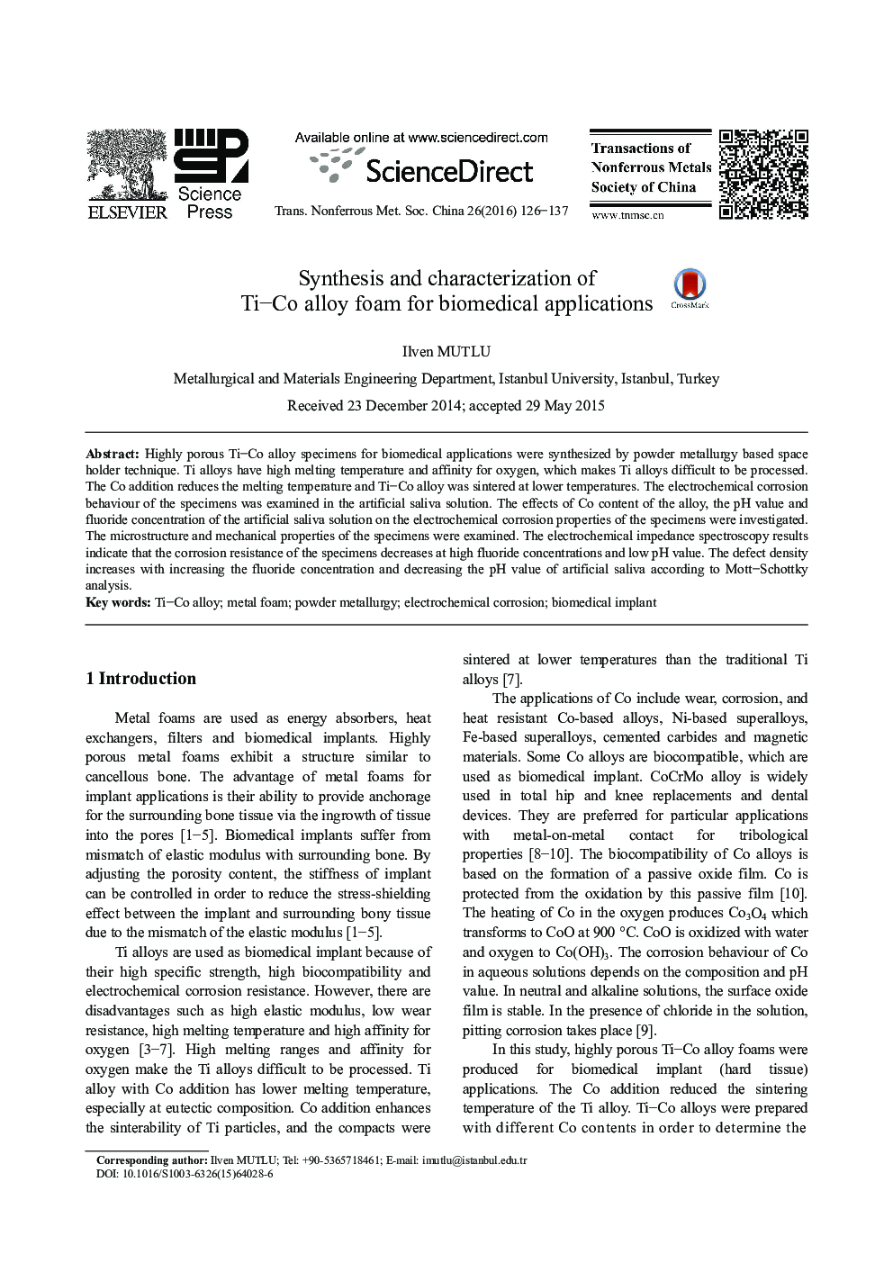 عکس صفحه اول مقاله: Synthesis and characterization of Ti-Co alloy foam for biomedical applications Synthesis and characterization of Ti-Co alloy foam for biomedical applications