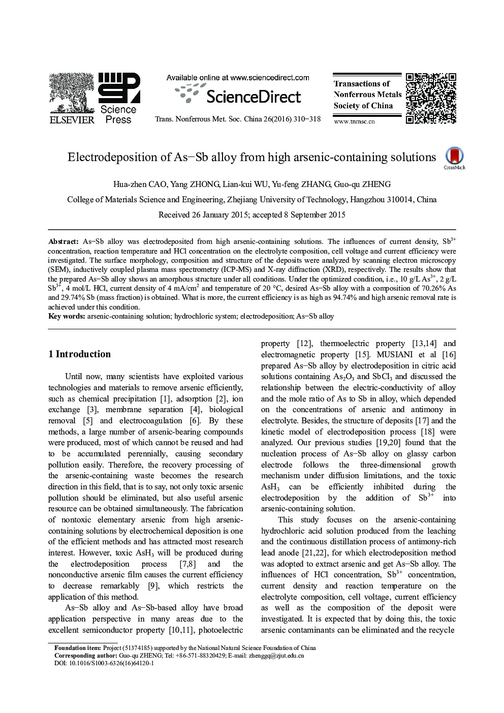 Electrodeposition of As-Sb alloy from high arsenic-containing solutions