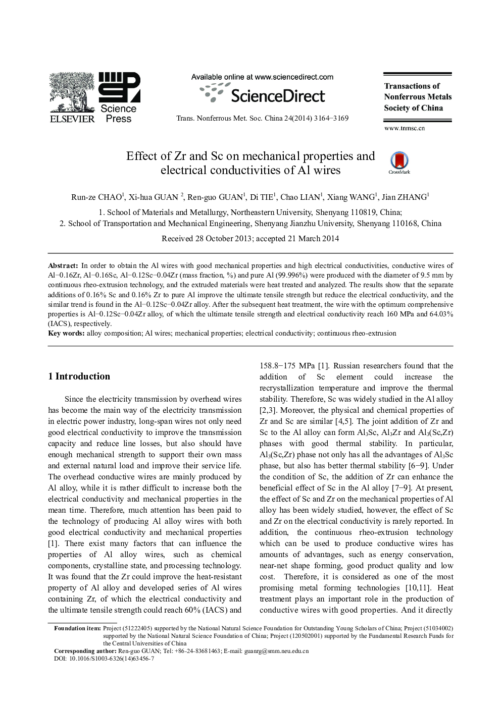 Effect of Zr and Sc on mechanical properties and electrical conductivities of Al wires 
