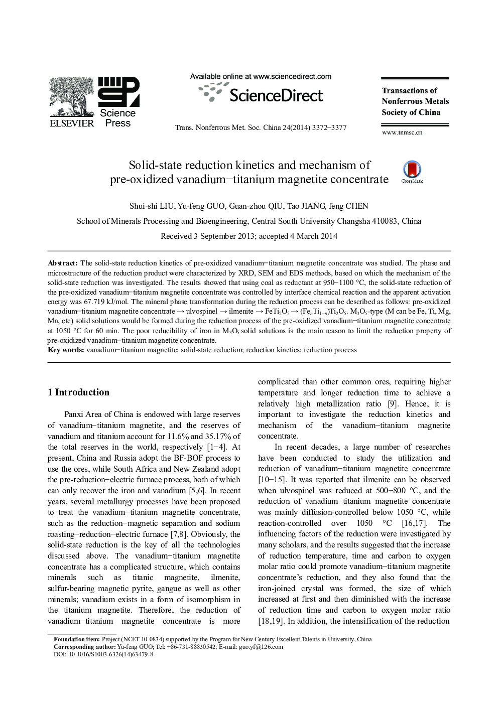 Solid-state reduction kinetics and mechanism of pre-oxidized vanadium–titanium magnetite concentrate 