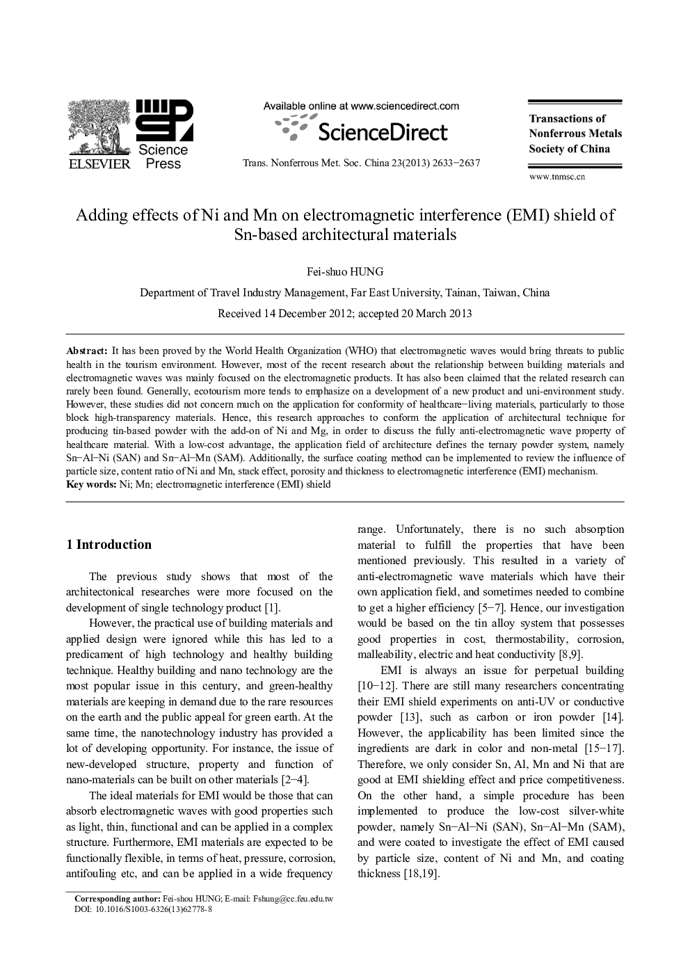 Adding effects of Ni and Mn on electromagnetic interference (EMI) shield of Sn-based architectural materials