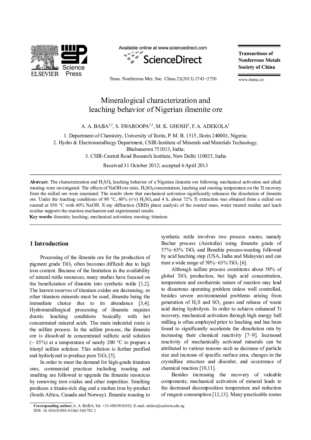 Mineralogical characterization and leaching behavior of Nigerian ilmenite ore