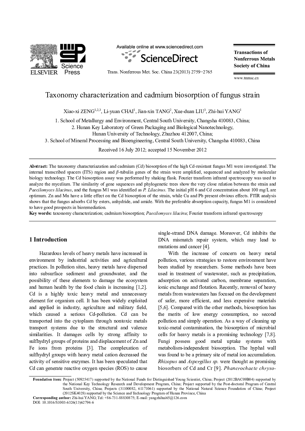 Taxonomy characterization and cadmium biosorption of fungus strain 