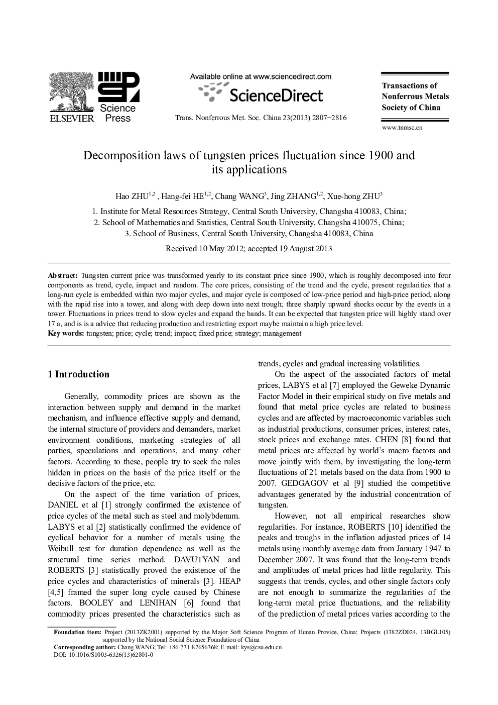 Decomposition laws of tungsten prices fluctuation since 1900 and its applications 