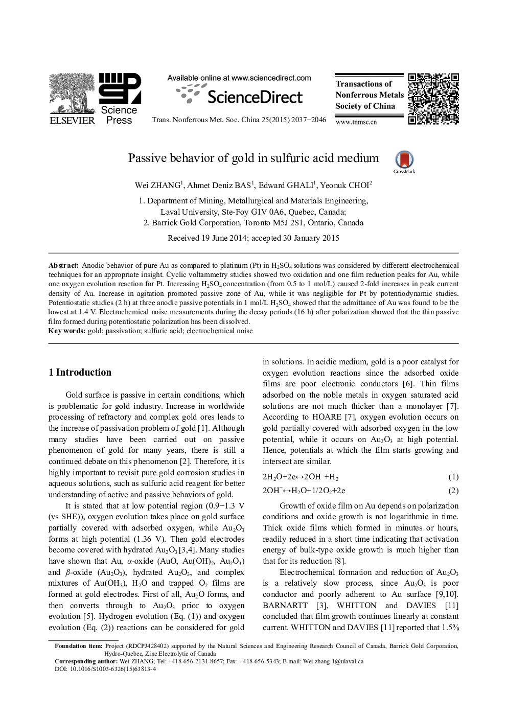 Passive behavior of gold in sulfuric acid medium 