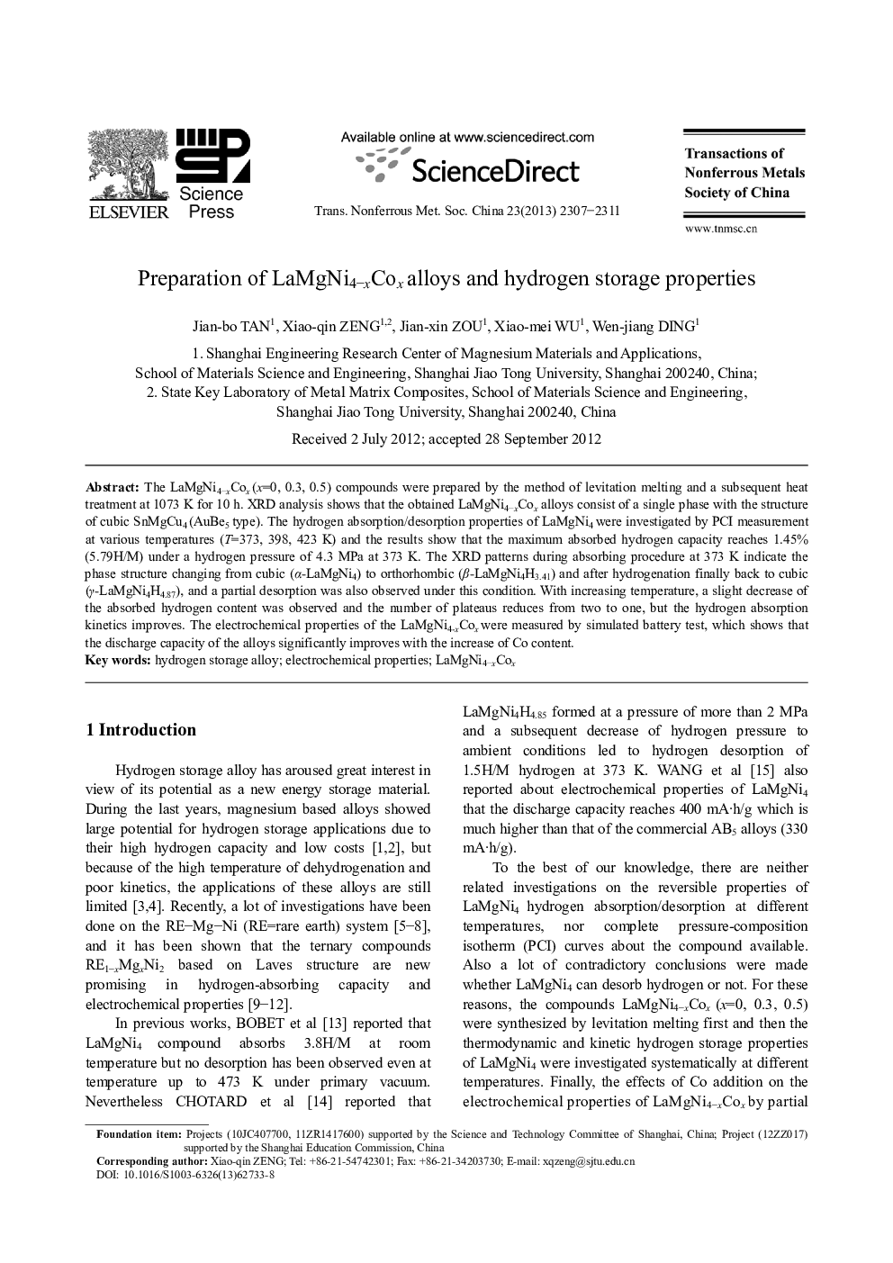 Preparation of LaMgNi4-xCox alloys and hydrogen storage properties 