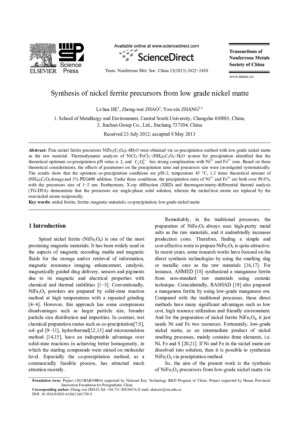 Synthesis of nickel ferrite precursors from low grade nickel matte