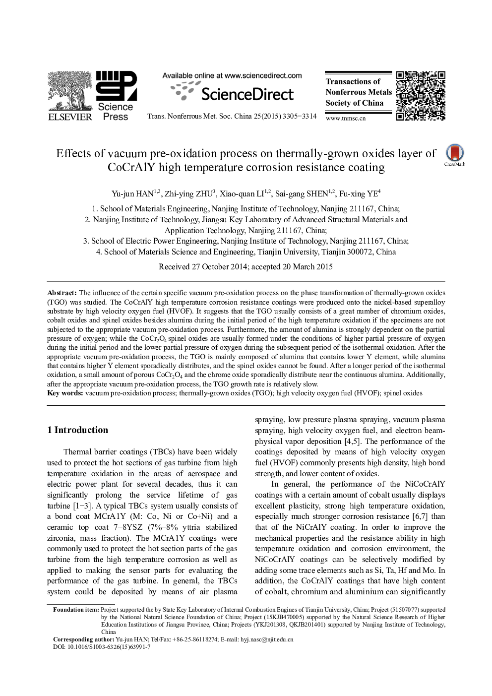 Effects of vacuum pre-oxidation process on thermally-grown oxides layer of CoCrAlY high temperature corrosion resistance coating