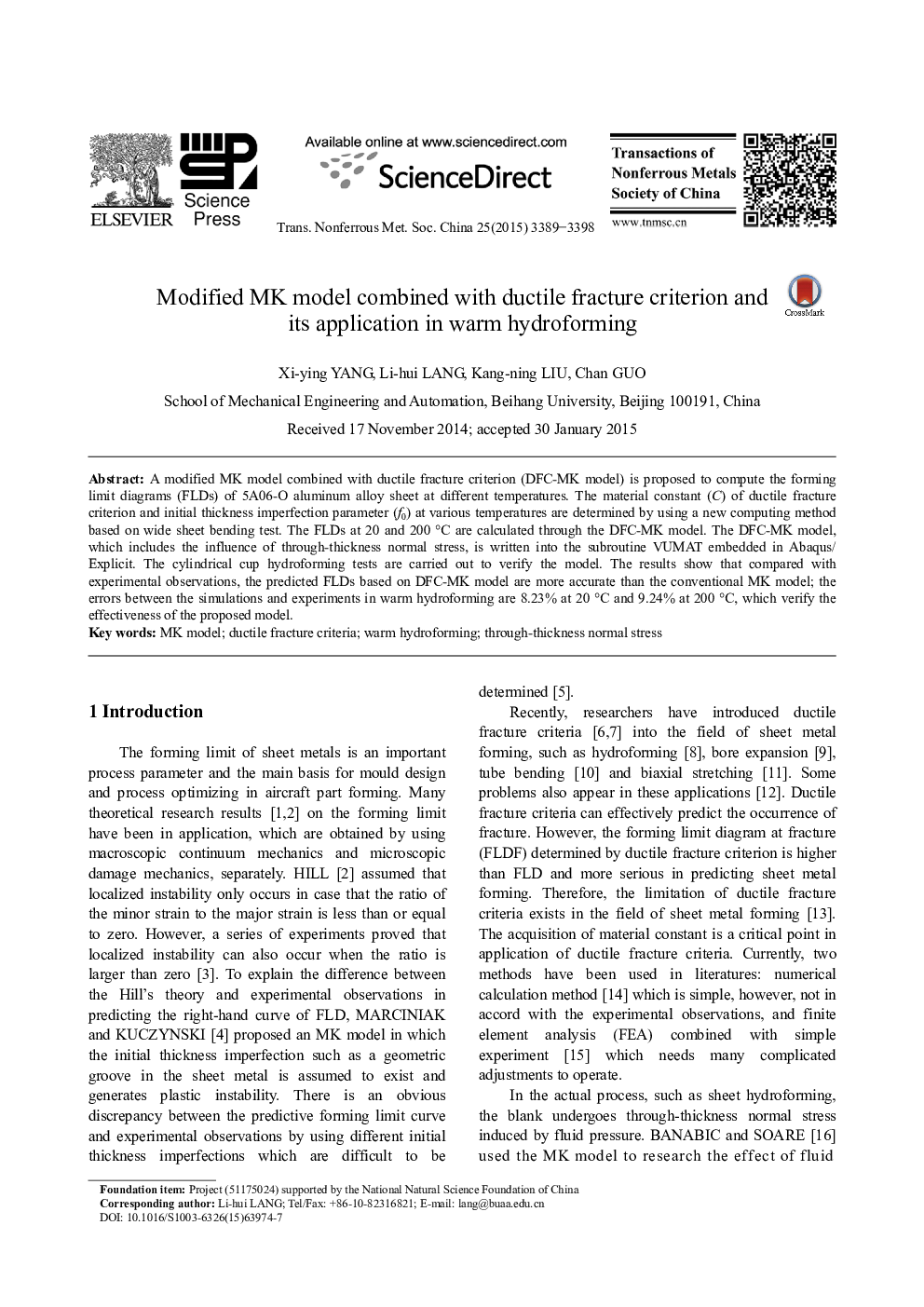 Modified MK model combined with ductile fracture criterion and its application in warm hydroforming