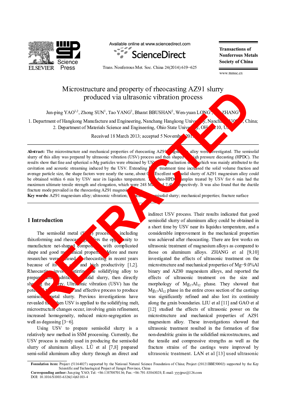 RETRACTED: Microstructure and property of rheocasting AZ91 slurry produced via ultrasonic vibration process 