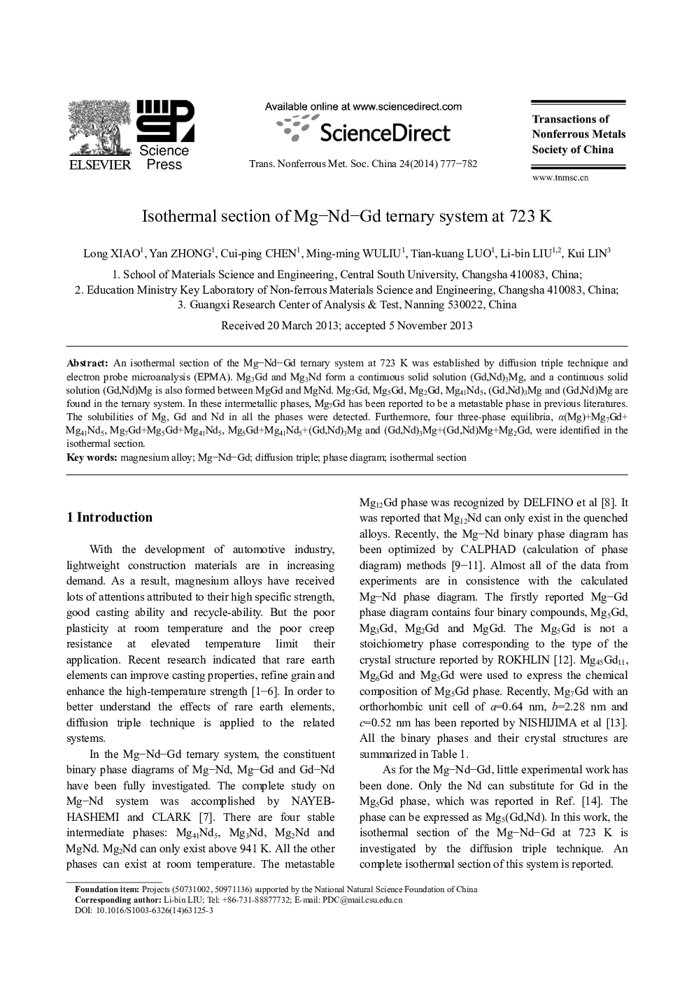Isothermal section of Mg–Nd–Gd ternary system at 723 K 