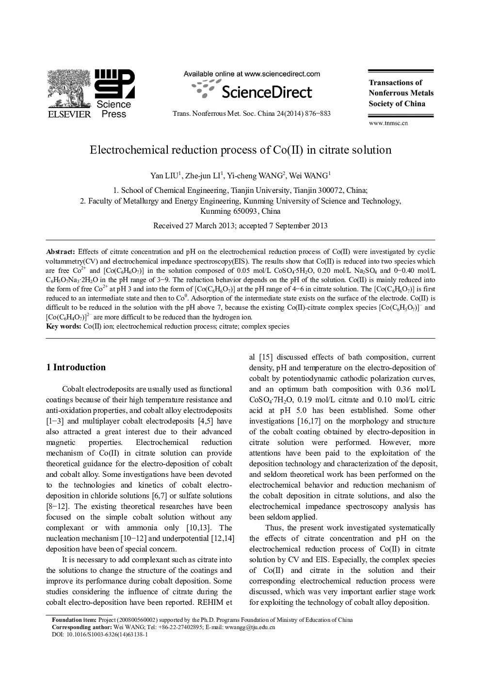 Electrochemical reduction process of Co(II) in citrate solution