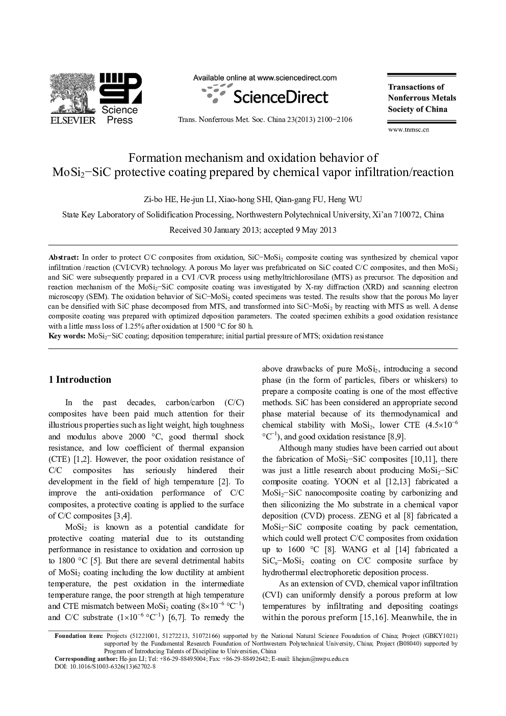 Formation mechanism and oxidation behavior of MoSi2-SiC protective coating prepared by chemical vapor infiltration/reaction