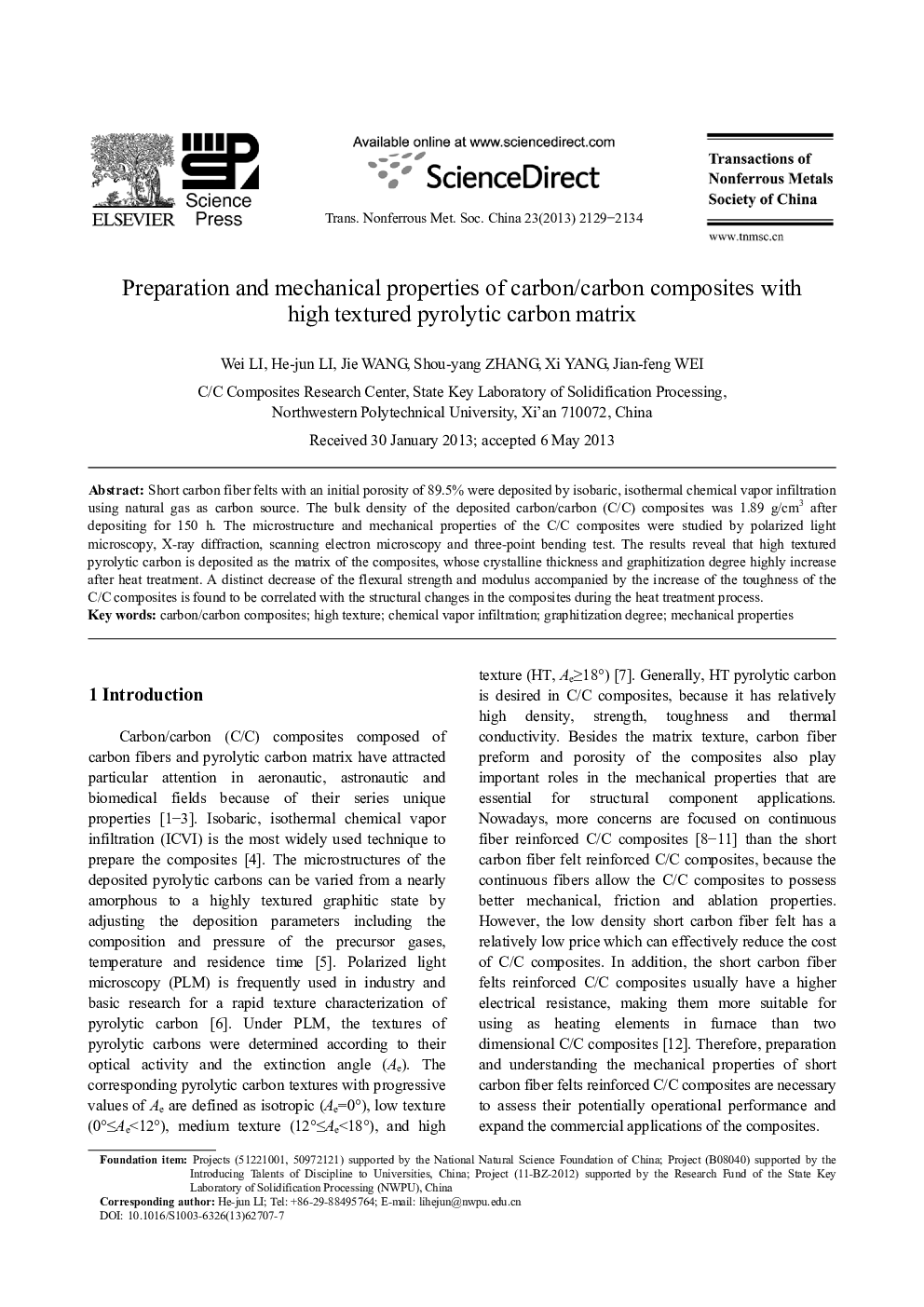 Preparation and mechanical properties of carbon/carbon composites with high textured pyrolytic carbon matrix