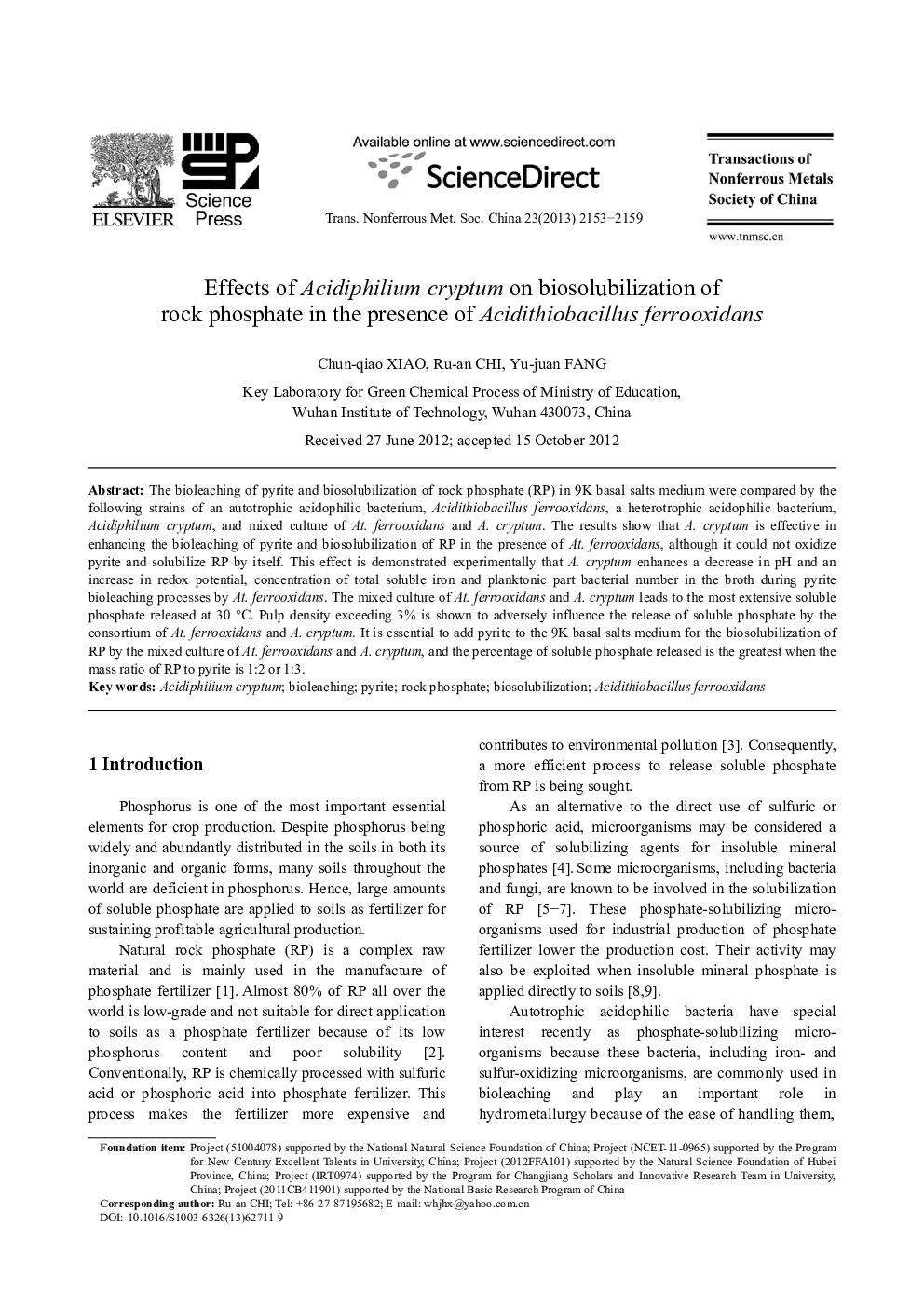 Effects of Acidiphilium cryptum on biosolubilization of rock phosphate in the presence of Acidithiobacillus ferrooxidans 
