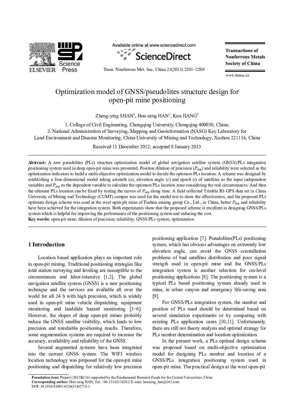 Optimization model of GNSS/pseudolites structure design for open-pit mine positioning 