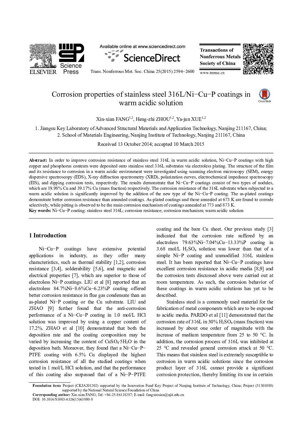 Corrosion properties of stainless steel 316L/Ni-Cu-P coatings in warm acidic solution