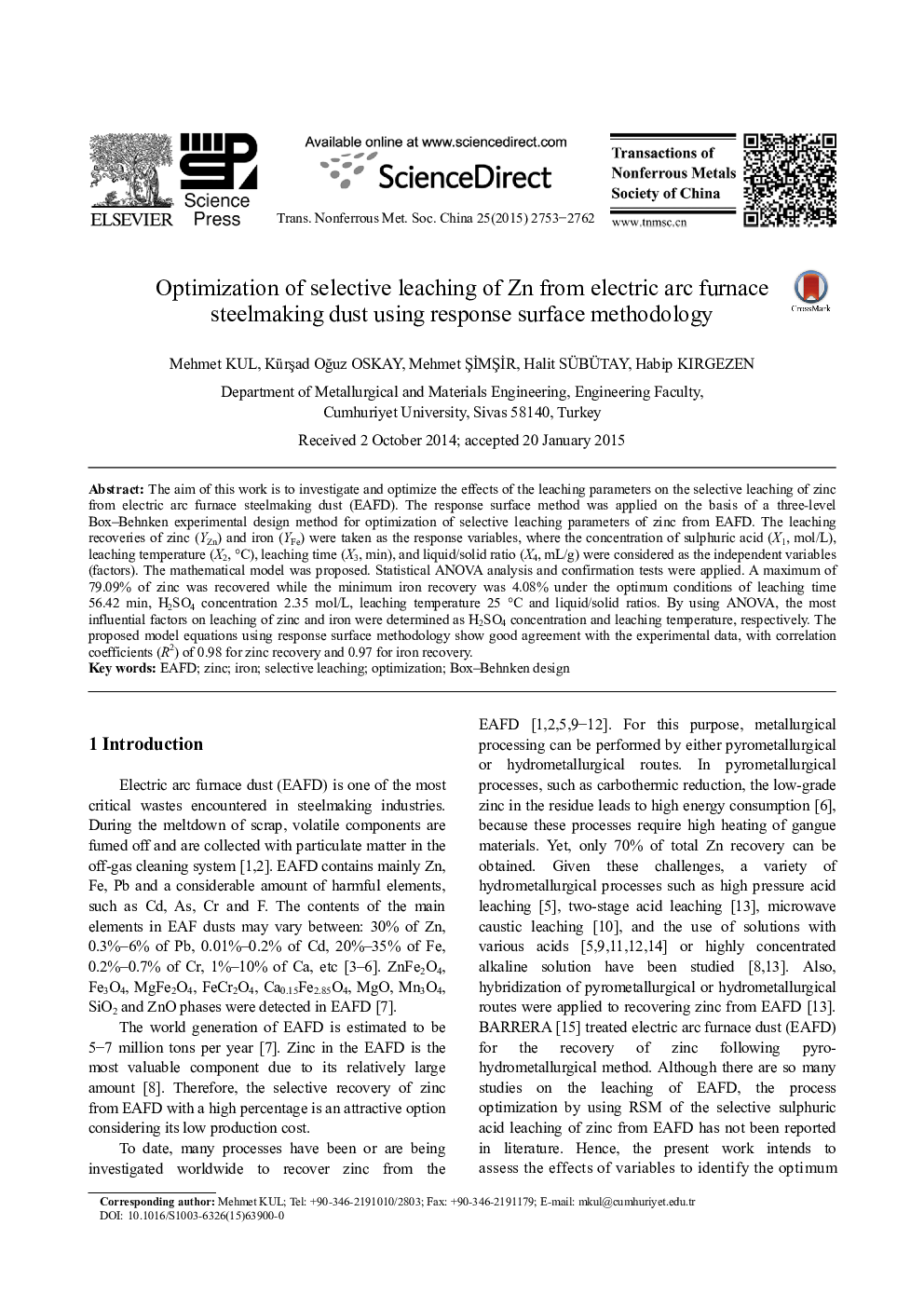 Optimization of selective leaching of Zn from electric arc furnace steelmaking dust using response surface methodology