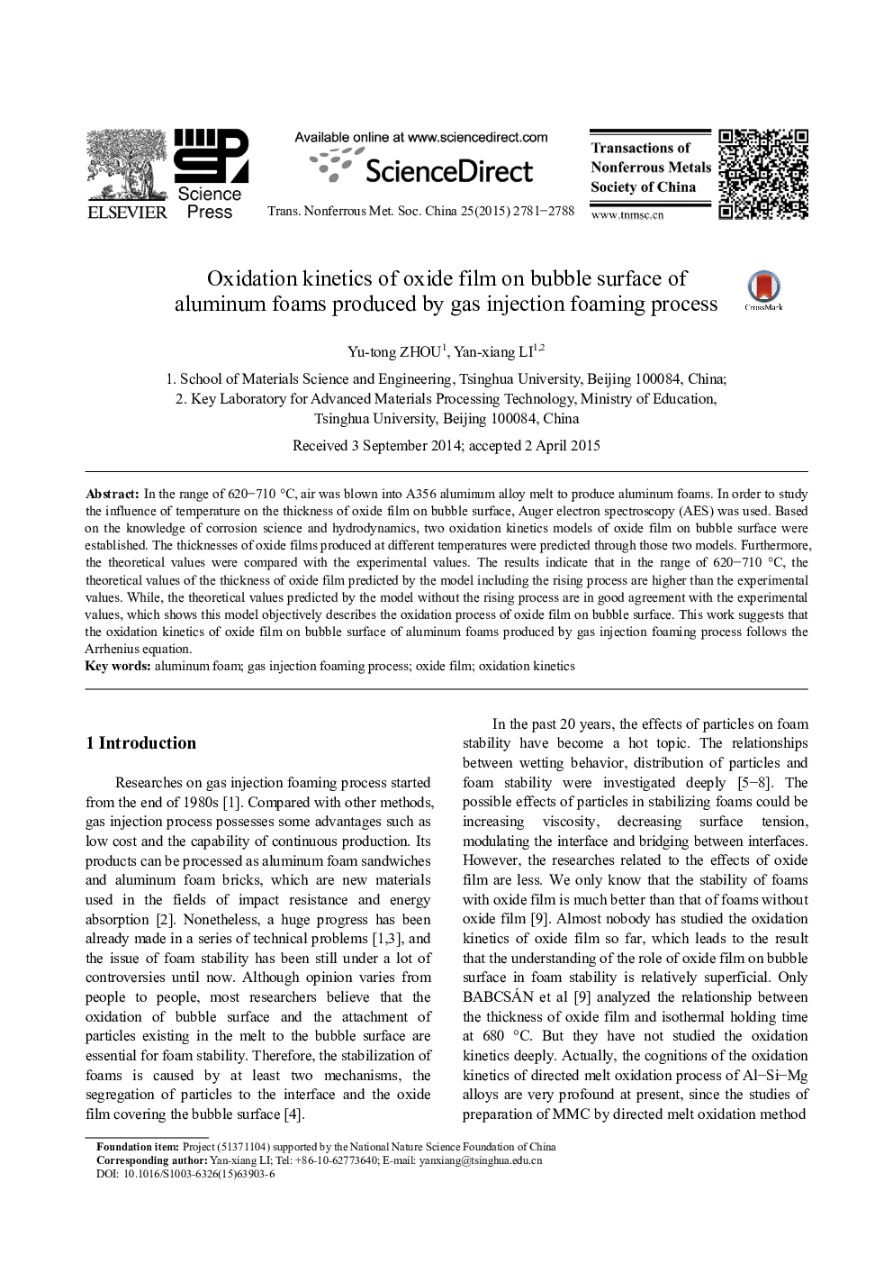 Oxidation kinetics of oxide film on bubble surface of aluminum foams produced by gas injection foaming process