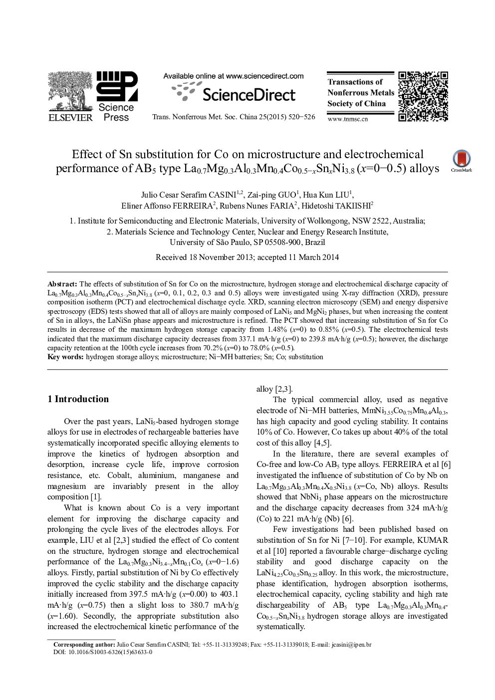 عکس صفحه اول مقاله: Effect of Sn substitution for Co on microstructure and electrochemical performance of AB5 type La0.7Mg0.3Al0.3Mn0.4Co0.5-xSnxNi3.8 (x=0-0.5) alloys Effect of Sn substitution for Co on microstructure and electrochemical performance of AB5 type La0.7Mg0.3Al0.3Mn0.4Co0.5-xSnxNi3.8 (x=0-0.5) alloys