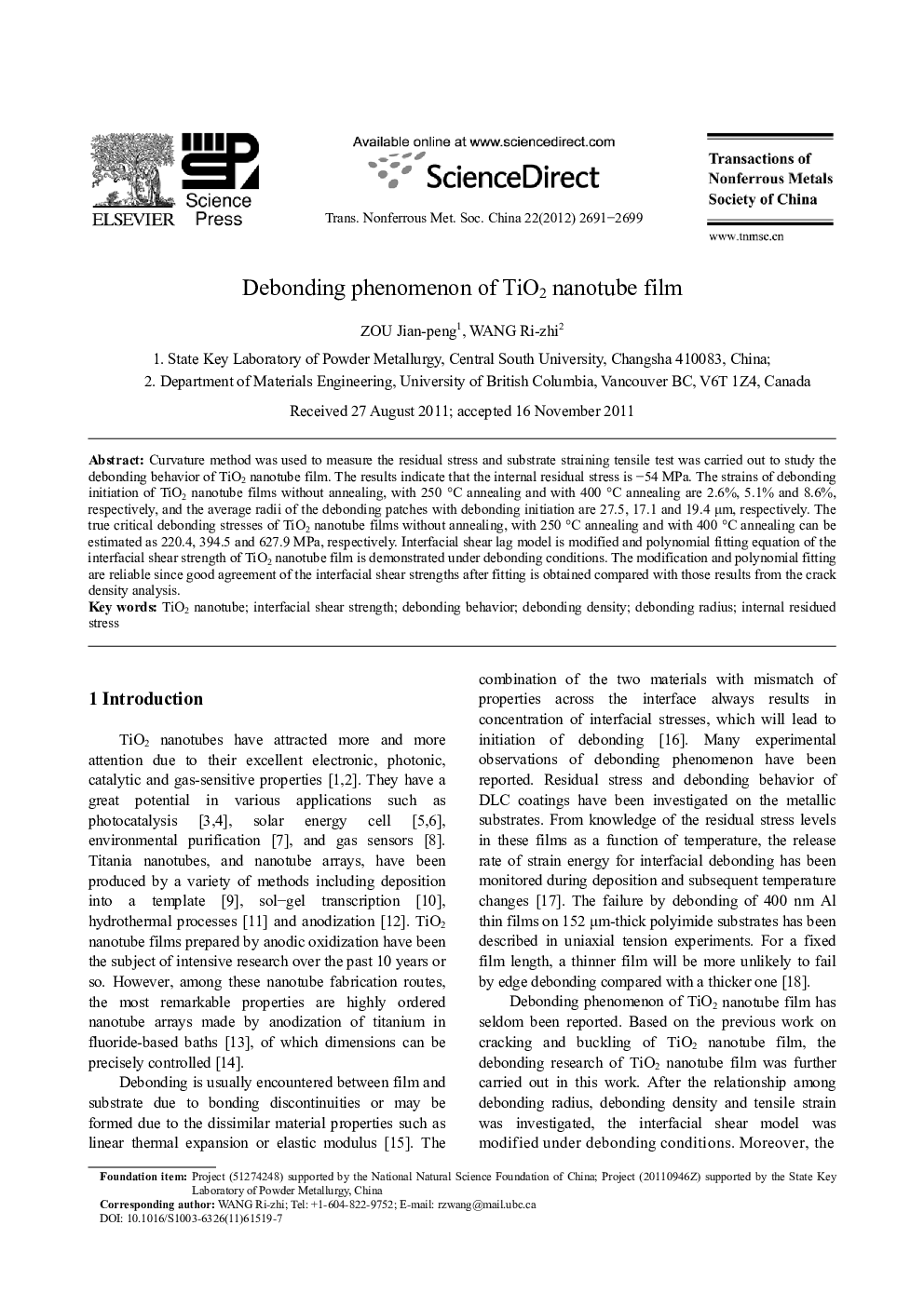 Debonding phenomenon of TiO2 nanotube film