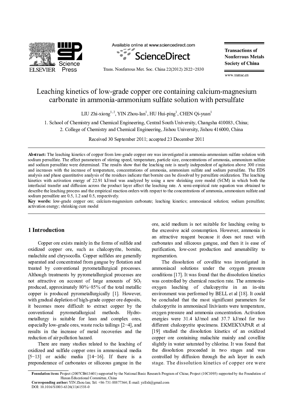 Leaching kinetics of low-grade copper ore containing calcium-magnesium carbonate in ammonia-ammonium sulfate solution with persulfate