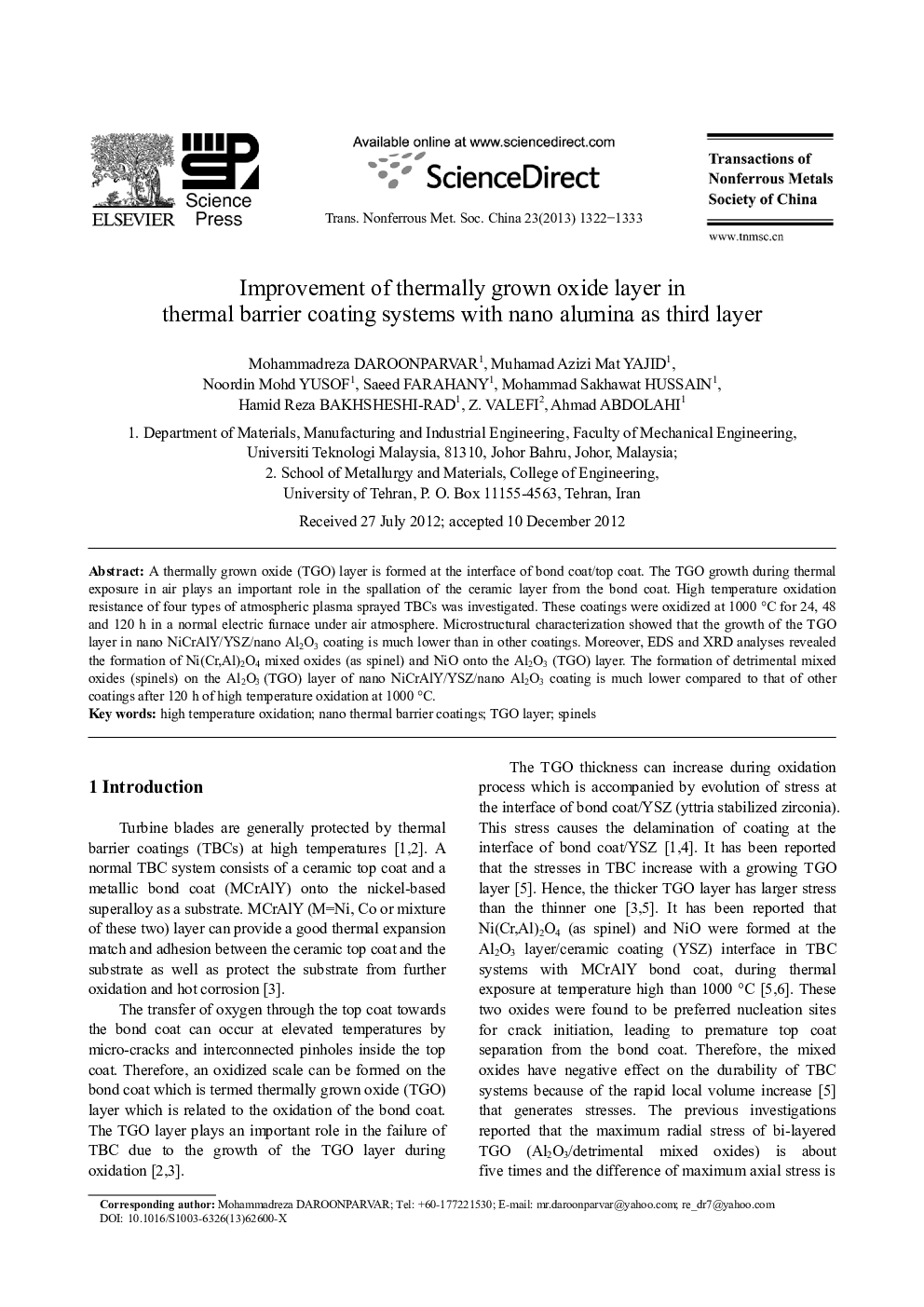 Improvement of thermally grown oxide layer in thermal barrier coating systems with nano alumina as third layer