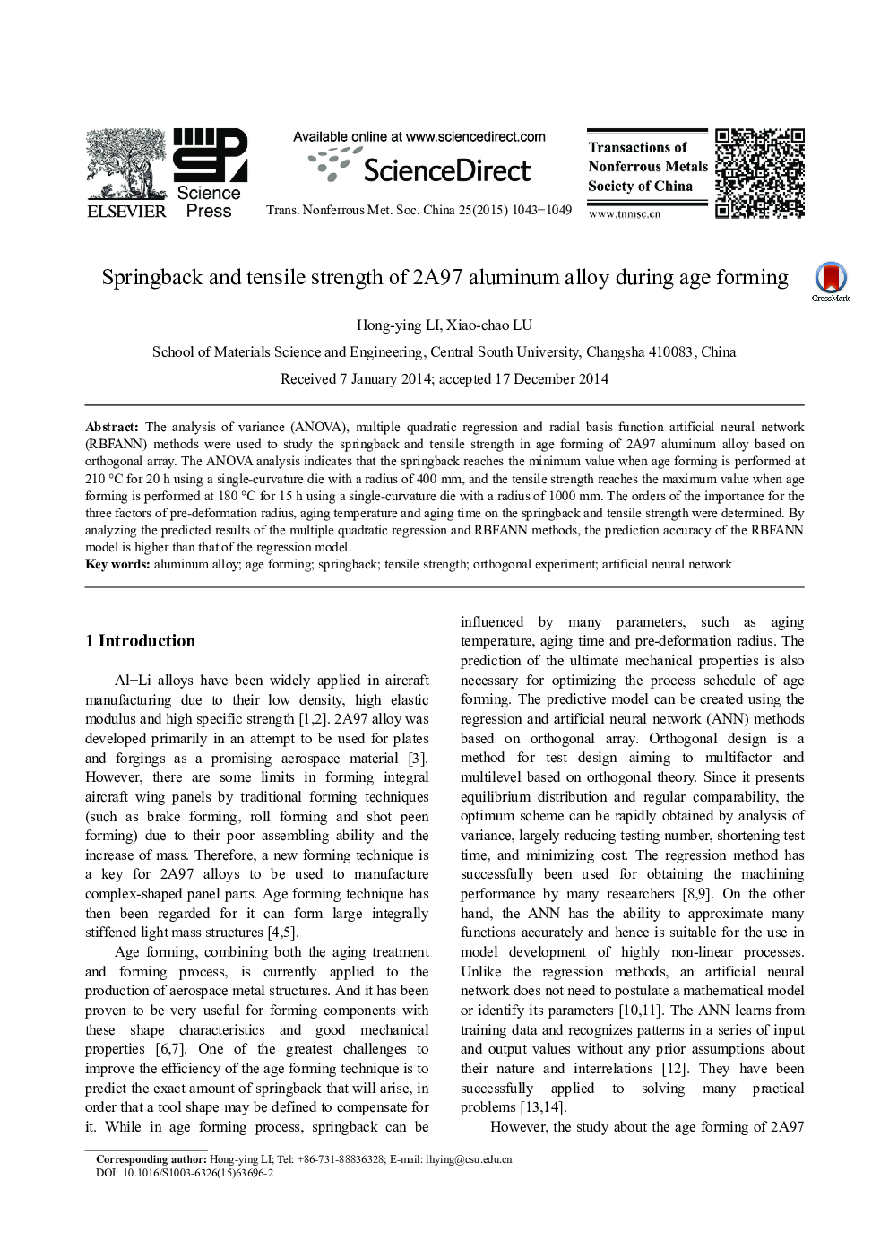 Springback and tensile strength of 2A97 aluminum alloy during age forming