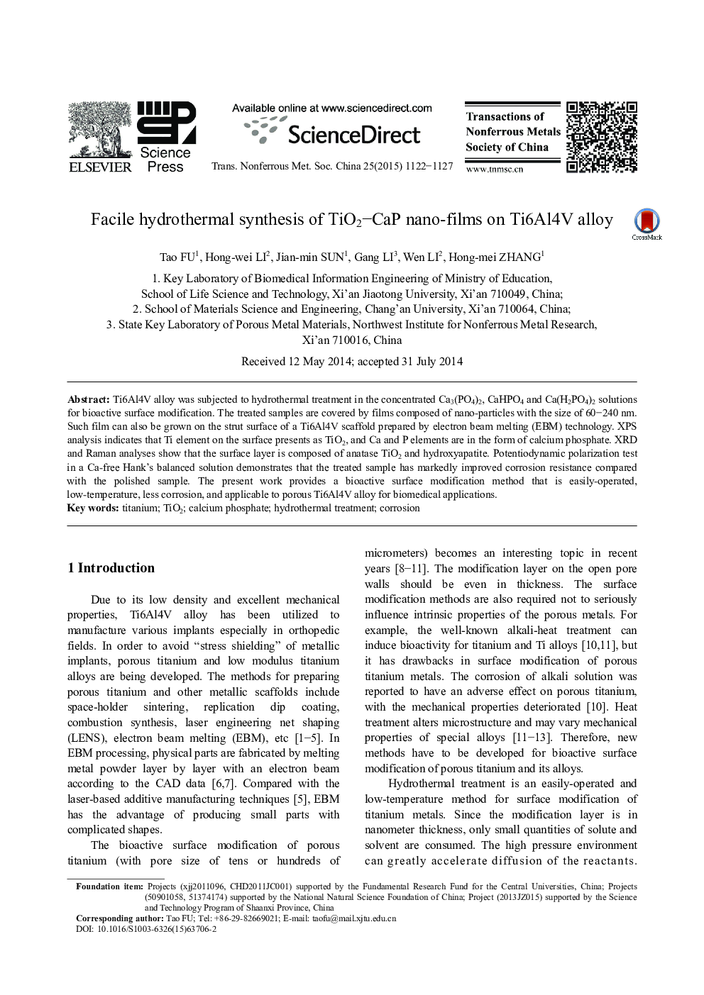 Facile hydrothermal synthesis of TiO2–CaP nano-films on Ti6Al4V alloy 