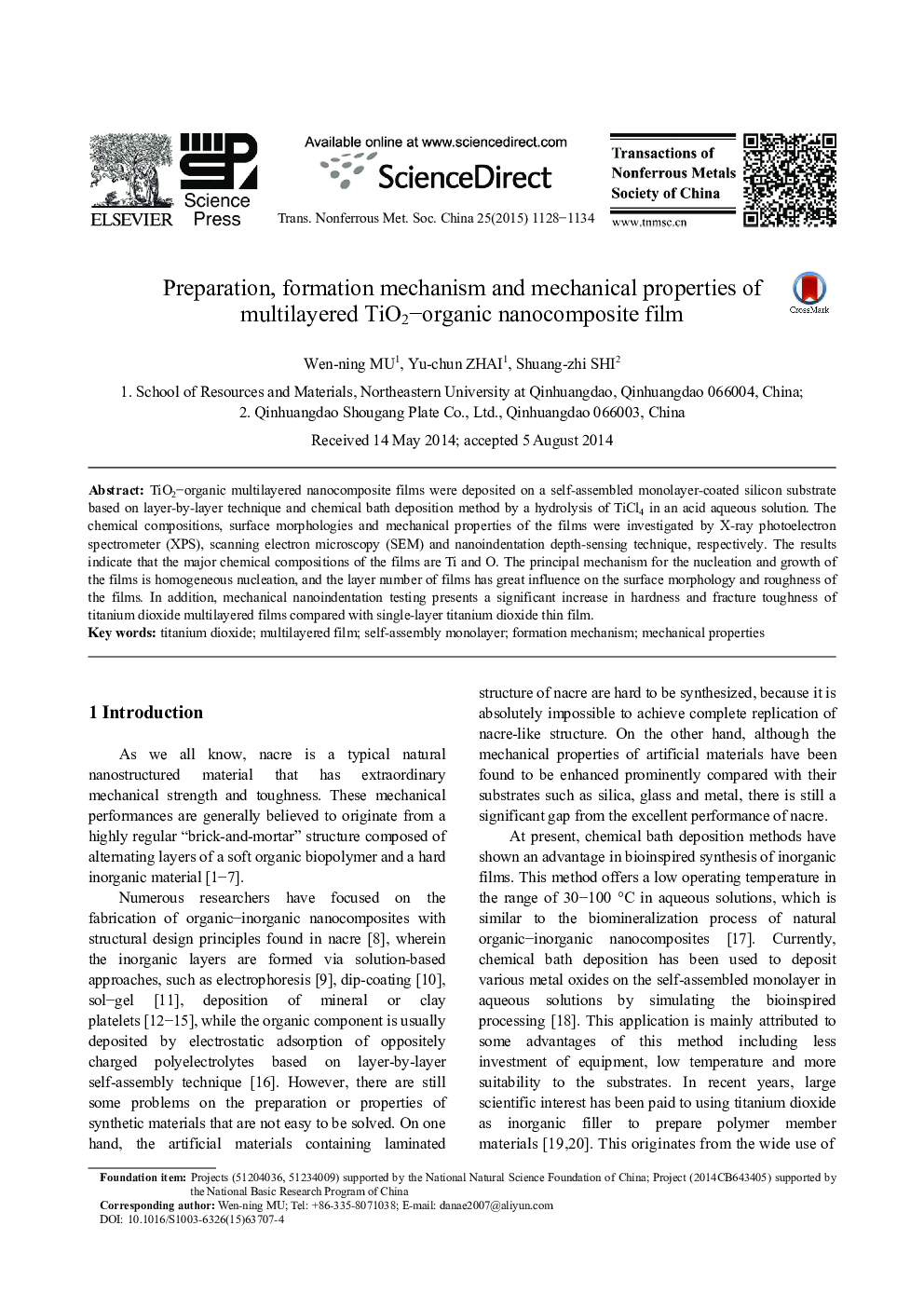 Preparation, formation mechanism and mechanical properties of multilayered TiO2–organic nanocomposite film 