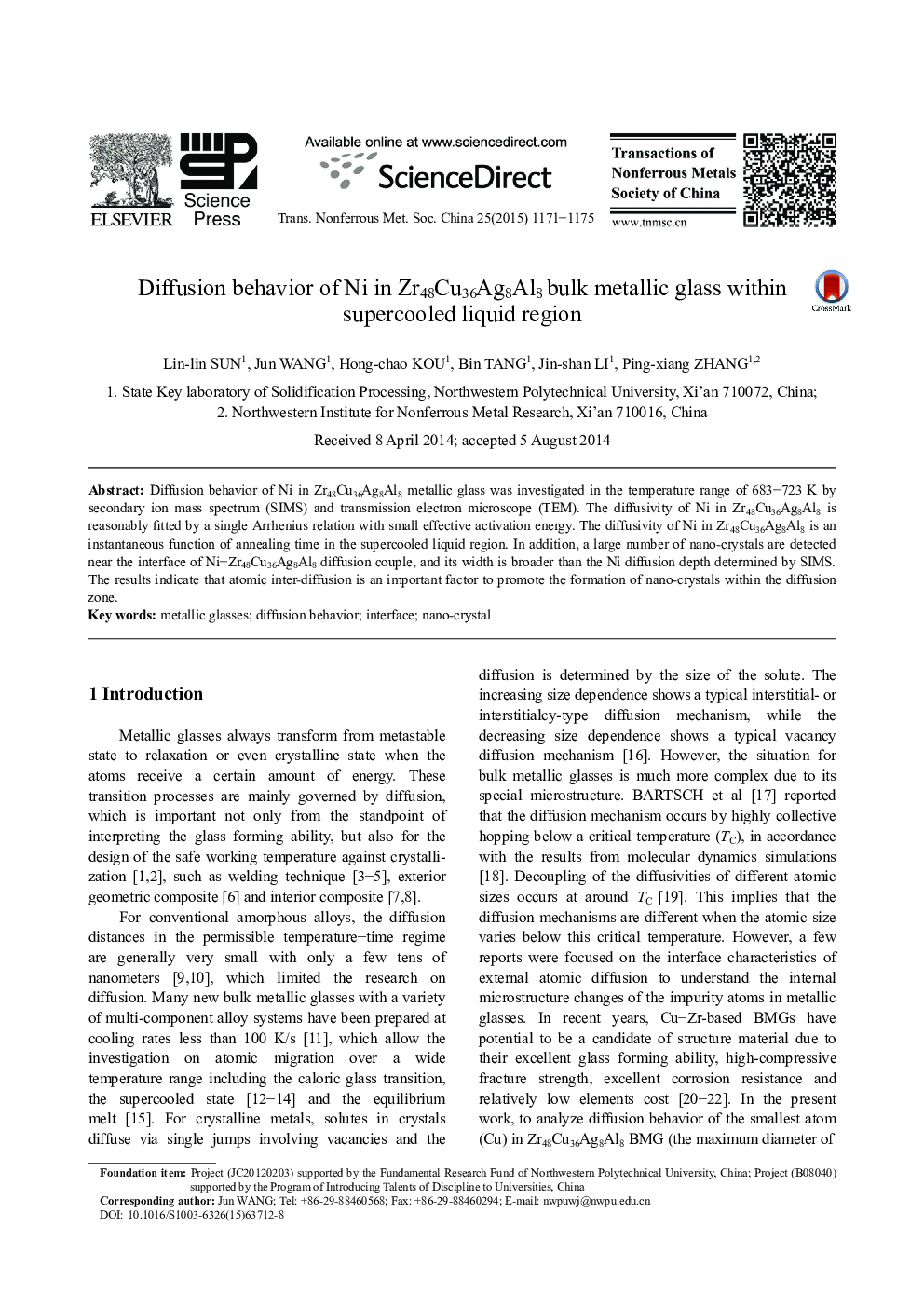 Diffusion behavior of Ni in Zr48Cu36Ag8Al8 bulk metallic glass within supercooled liquid region 