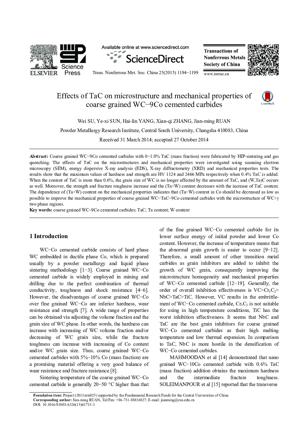 Effects of TaC on microstructure and mechanical properties of coarse grained WC–9Co cemented carbides 