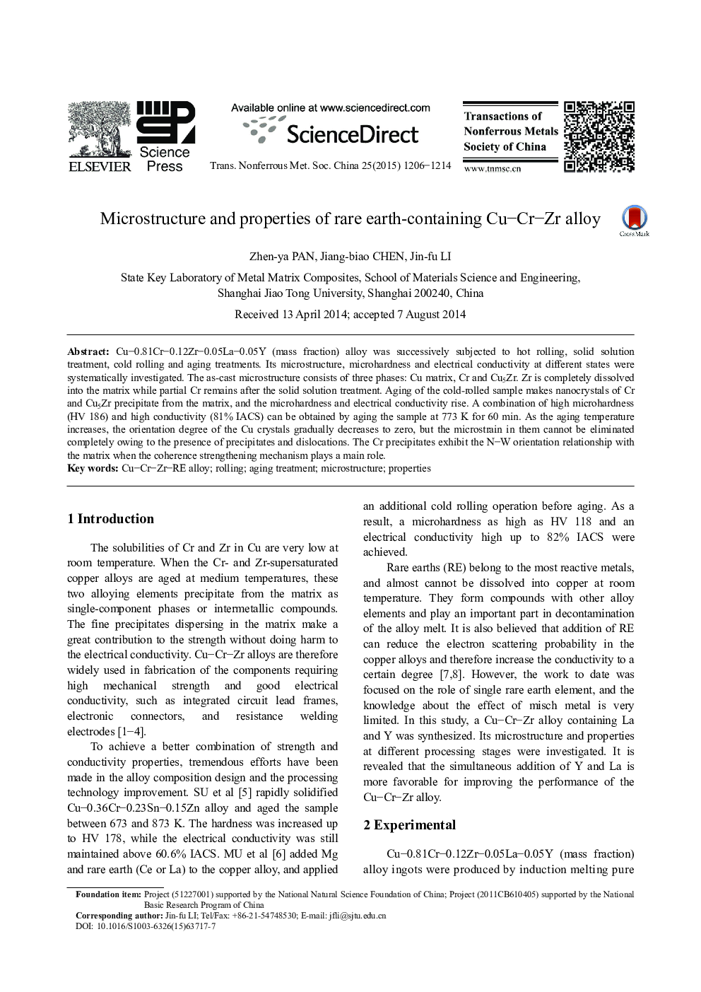 Microstructure and properties of rare earth-containing Cu–Cr–Zr alloy 