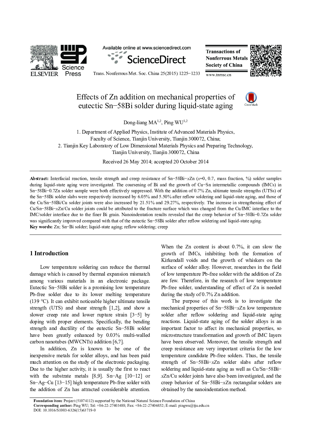 Effects of Zn addition on mechanical properties of eutectic Sn–58Bi solder during liquid-state aging 