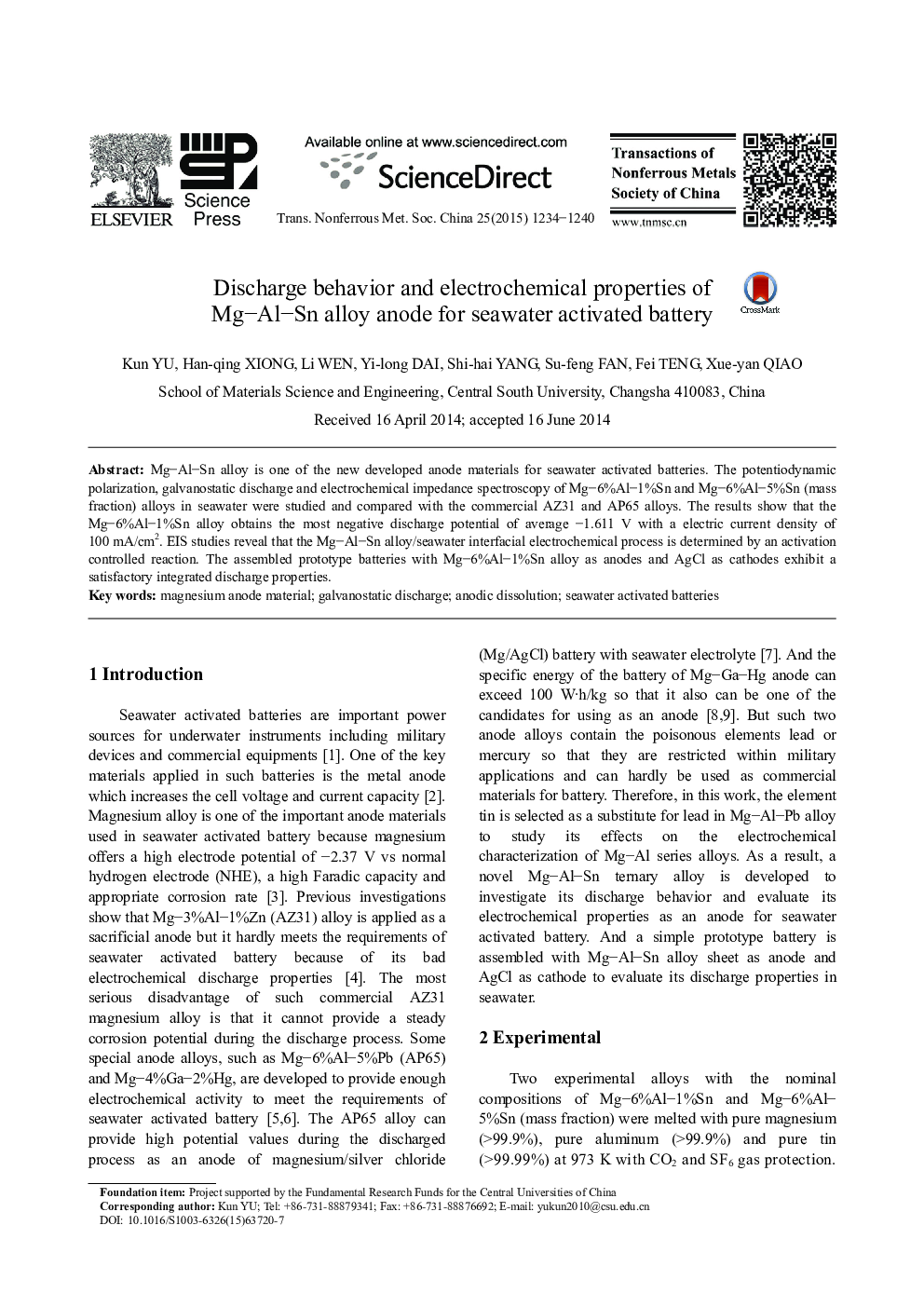 Discharge behavior and electrochemical properties of Mg–Al–Sn alloy anode for seawater activated battery 
