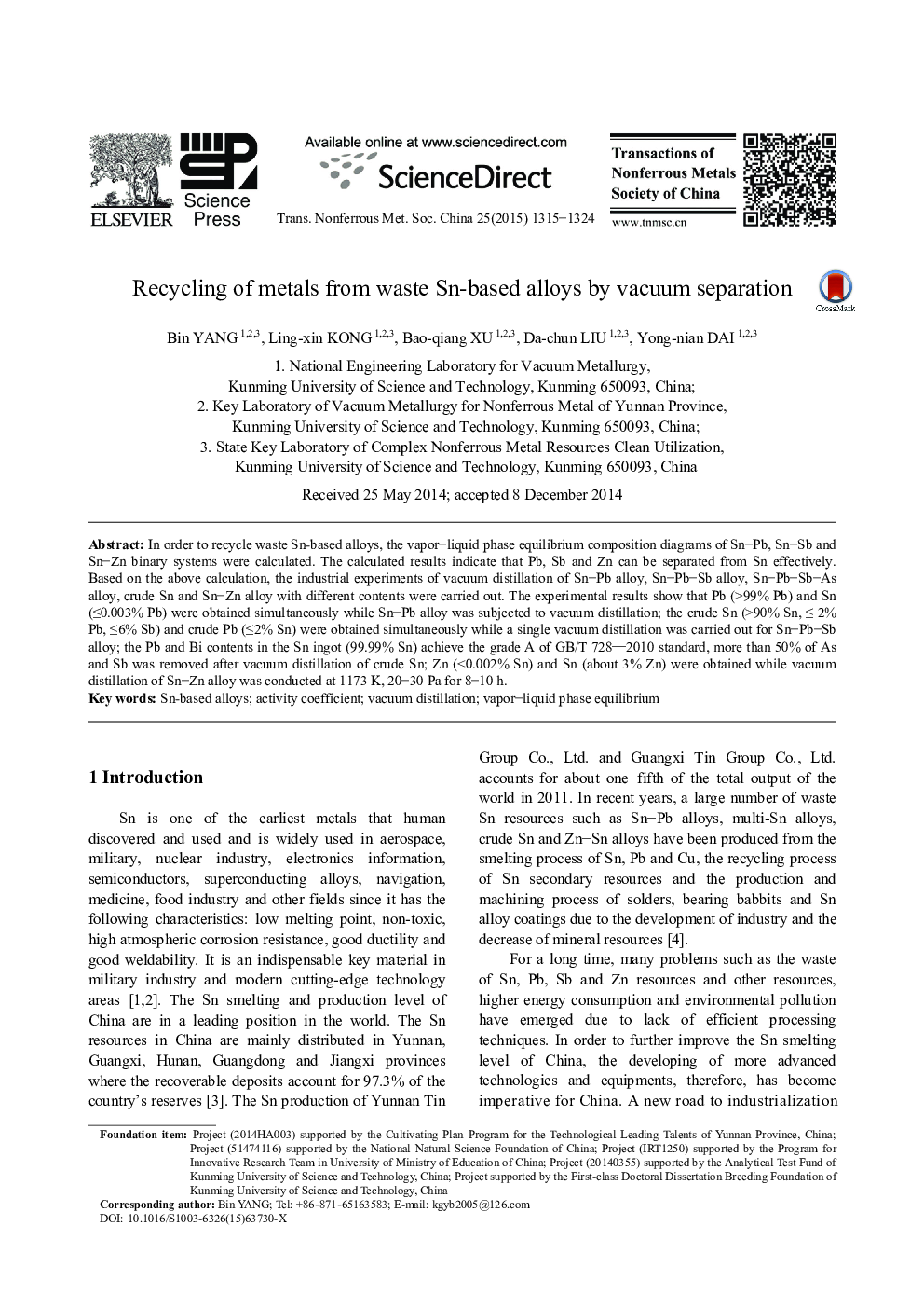 Recycling of metals from waste Sn-based alloys by vacuum separation 