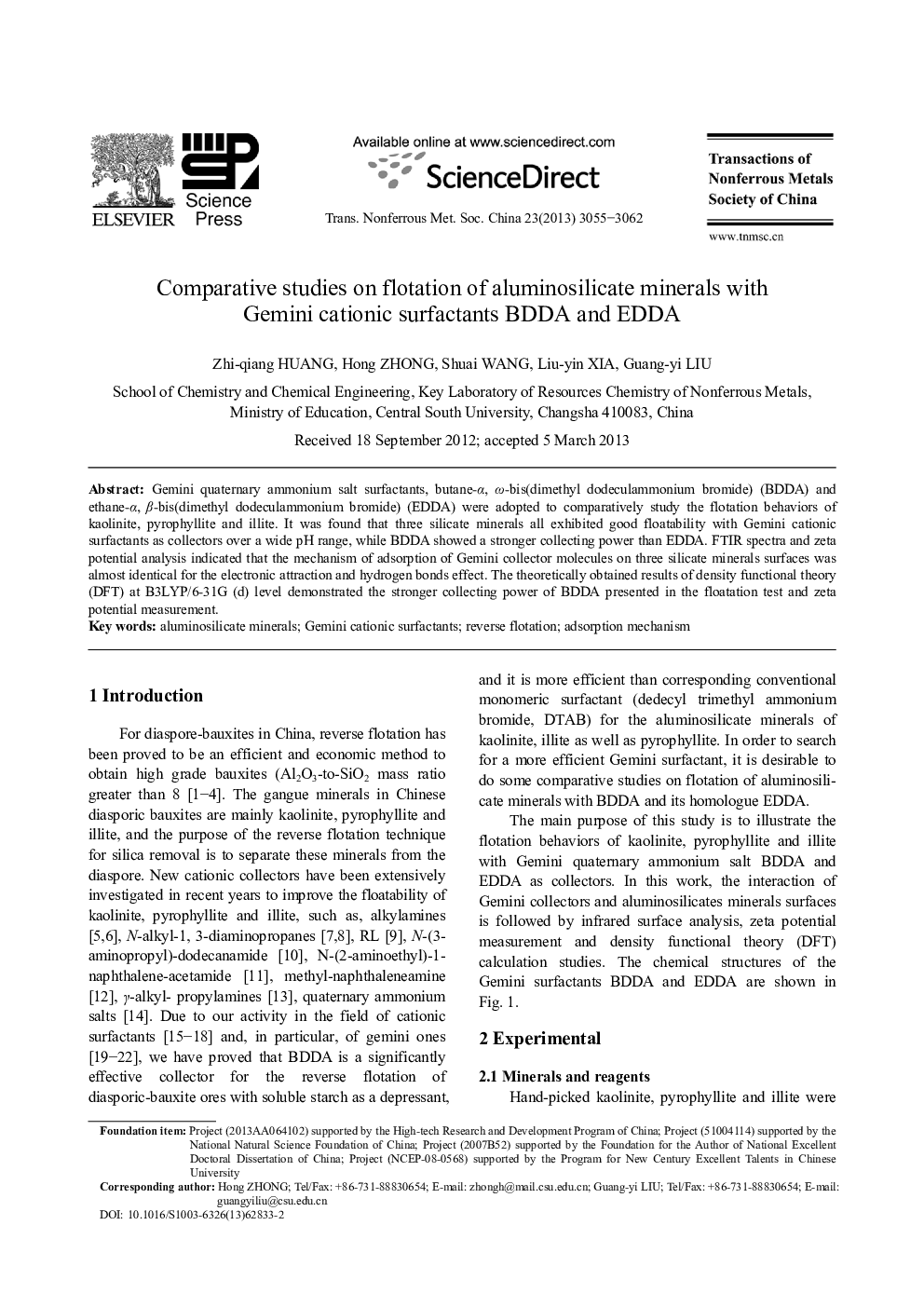 Comparative studies on flotation of aluminosilicate minerals with Gemini cationic surfactants BDDA and EDDA